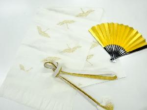 リサイクル　正絹　鶴模様織出し帯揚げ・帯締めセット（扇子付）